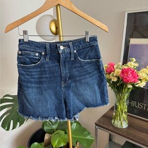 Madewell Dark Blue High-Rise Frayed Hem Jean Shorts